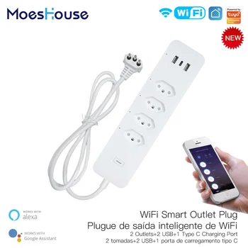 WiFi Brazílie Smart Power Strip Přepěťové ochrany 4 Brazílie Plug BR Zásuvek Zásuvka USB Typu C Tuya Aplikace Hlasové Ovládání pomocí Google Alexa