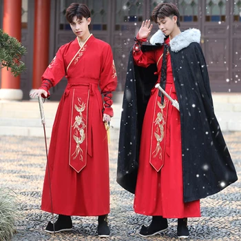 Velké Velikosti 5XL Hanfu Mužů Čínské Starověké Výšivky Hanfu Cosplay Kostým Zimní Černá A Červená Hanfu Plášť Nový Rok Kostým Pro Muže