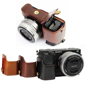 Polovinu Těla PU Kůže Kamera Pouzdro Taška Pro Sony A6400 A6300 ILCE-6400 Kryt S Baterií Otevření