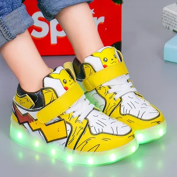 Pokémon dětské tenisky nové high-top boty chlapci Pikachu světelný blikající ležérní boty pohodlné prodyšné tenisky