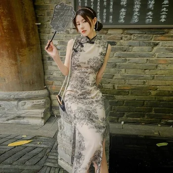 Mladý Jednoduchý Elegantní Čínské Cheongsam Dámské Letní Zlepšila Dlouhé Retro Sexy Vysoké Split Cheongsam Šaty Moderní Premium Qipao