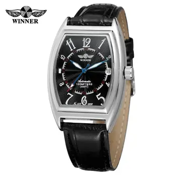 T-VÍTĚZ Módní jednoduché ležérní pánské hodinky obdélníkový černý ciferník stříbrné pouzdro černý kožený řemínek automatické mechanické hodinky
