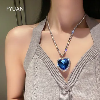 FYUAN Velké Modré Srdce Crystal Náhrdelníky pro Ženy Dlouhé Řetězce Přívěsek Náhrdelníky Prohlášení Šperky