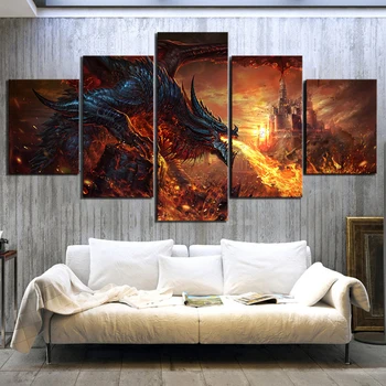 Modulární Obrázky Plátno Umění Zdi 5 Panel Fire Dragon World Of Warcraft, Hra Obrazy Tištěné Plakát Obývací Pokoj Domácí Dekorace