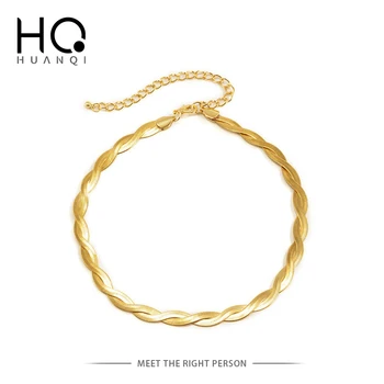 HUANQI 2021 Titanium Ocel Dvojitý Had Twisted Herringbone Řetězy Náhrdelník pro Ženy Opletené Náhrdelník na Krk Zlaté Stříbrné Barvy