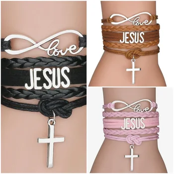 COOL Značky Hot Módní Kožené Jesus Cross Wrap Náramek Náramek Pro Ženy, Ručně vyráběné Stříbrné Barvy Nekonečno Lásku Šperky Nejlepší Dárek 0