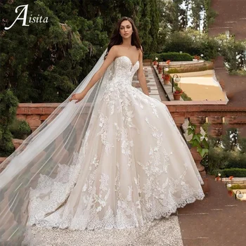 Hot Prodej Luxusní Svatební Šaty A Linie, Elegantní Bez Ramínek Krajky Nášivky Svatební Šaty Svatební Šaty Vestidos De Novia
