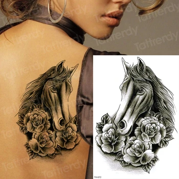 náčrtky tetování sexy tetování zpět černé mehndi samolepky koně rose tetování vodotěsné dočasné tetování pro ženy, body art