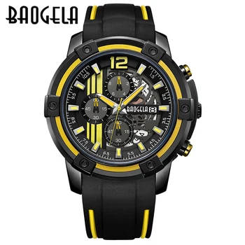 BAOGEL Pánské Černé Silikonové Popruh Hodinky Quartz Chronograf Sportovní Hodinky pro Muže 3atm Vodotěsný Svítící Ručičky Žlutá