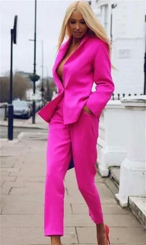 Barbiecore Růžové Dámské Obleky Sady Office Móda 2 Ks Sako + Kalhoty Jedno Tlačítko Oblek Formální Ples Večerní Šaty Na Zakázku