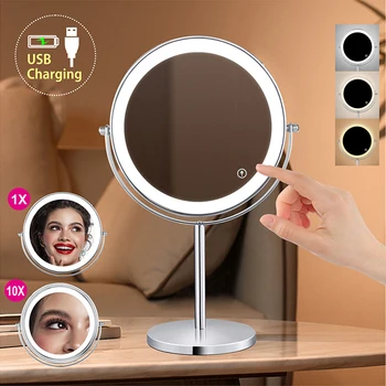 8inch 10X Zvětšovací LED Make-up Zrcátko s 3 Barevné Světlo Dotykový Spínač oboustranné USB Nabíjecí Stolní Kosmetické Zrcadlo Vanity
