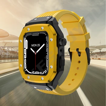 Mod Kit Sada pro Apple Watch 8 7 6 5 44 45 mm Luxusní Gumový Kryt z Nerezové Oceli pro iWatch Série Slitiny Hodinky Příslušenství 3
