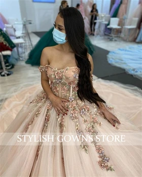 Off Rameno plesové Šaty Vroubkované Quinceañera Šaty 3D Květiny Sladké 16 Šaty Princezna Vestidos De 15 Años 2022 Elegantes 1