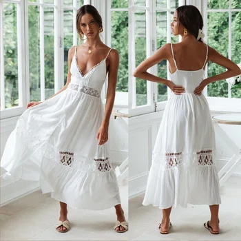 2021 Sexy Dutý Out Krajky Špagety Popruh Bílé Letní Plážové Šaty, Roucho, Elegantní Plážové Oblečení Ženy Maxi Šaty Vestidos Blusas