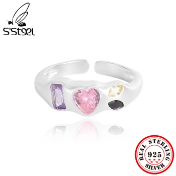 S'STEEL Luxusní Designový Barevný Kontrast Růžové Zirkony Prsteny Pro Ženy Sterling Silver 925 Nastavitelný Prsten korejské Módní Šperky