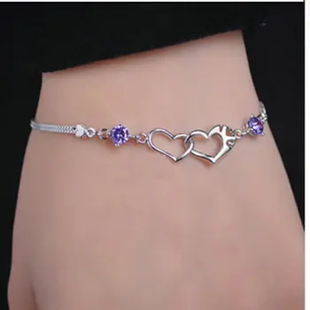 Levné Stříbrné Šperky Náramky Crystal Lover Dvojité Srdce Kouzlo Řetězce Náramek Pro Ženy, Lady Dívka Doprava Zdarma