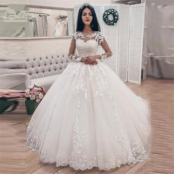 Bílé Elegantní Krajkové Nášivky Dlouhé Rukávy Ples Šaty Svatební Šaty Svatební Šaty vestido De Noiva 2022 Zamést Vlak robe de mariee
