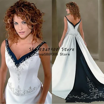 Tmavě Modré a Bílé Gothic Svatební Šaty Vintage V-neck Krajka Korálkové Výšivky Zamést Vlak Matný Skvrnu Země Svatební Šaty 0