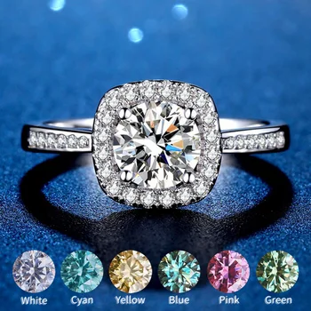 0.5-3CT Skutečné Moissanite Prsten Šperky Pro Ženy Modrá Růžová Žlutá Zelená Červená Azurová Drahokam Čtvercový Design Snubní Prsteny Stříbro S925