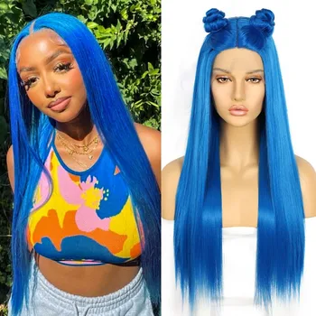 BeautyTown Dlouhá Modrá Paruka Krajky Hedvábné Rovnou Kvalitní Syntetické Vlasy pro Ženy Přírodní Střední Část Tepelně Odolné Vlákno Paruky