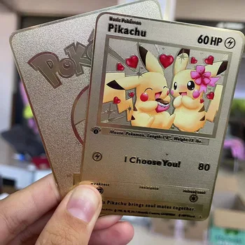 Anime Pokemon Gold Card Pikachu Eevee 60Hp jsem si Vás Zlaté Kovové Karetní Hra Kolekce Hraček Dárek pro Děti 4