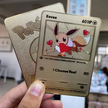 Anime Pokemon Gold Card Pikachu Eevee 60Hp jsem si Vás Zlaté Kovové Karetní Hra Kolekce Hraček Dárek pro Děti 5