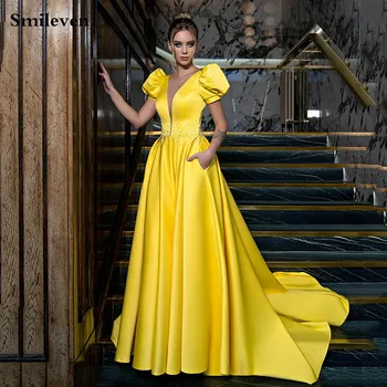 Smileven Žluté Krátký Rukáv Večerní Šaty Korálky Plesové Šaty S Kapsami Celebrity Party Šaty 2022