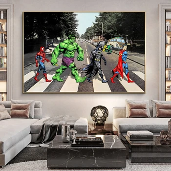 Superhrdinové Pěší Přes Abbey Road Marvel Canva Obrazy Plakátové Umění Zdi Obrázky Dítě Je Obývací Pokoj Dekor Cuadros