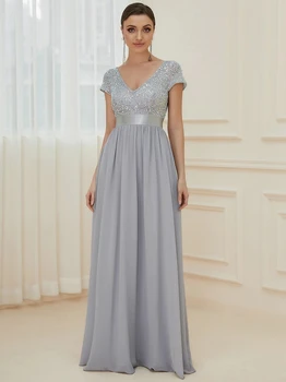 Elegantní Večerní šaty Dlouhé-LINE Krátký Rukáv V-Neck Šifón Flitry Šaty 2023 někdy docela Jednoduché Ples Ženy Šaty