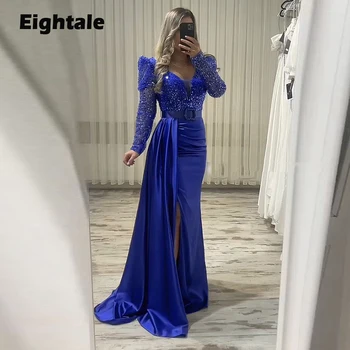 Eightale Královská Modrá Ples Šaty pro Svatební Třpytivé Dlouhé Rukávy Večerní Šaty Korálky Plus Velikost arabské Celebrity Party Šaty