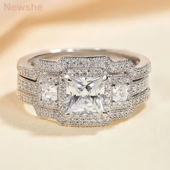 Newshe 3 Princezna Vyjmout AAAAA CZ Zásnubní Prsteny, Svatební Sada pro Ženy 925 Sterling Silver Šperky Stráž Svatební Kapela BR1523
