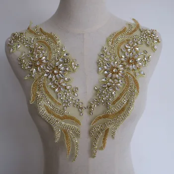 2ks Luxusní Sklo Drahokamu nášivky na oblečení DIY ruční korálkové parches krajkové nášivky na svatební šaty, dekorativní krajky