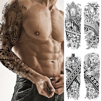 Velké Plné Rameno Rukáv Tetování Maori Totem Vodotěsné Dočasné Tetování Nálepka Černá Muži Ženy Květiny Modlitba Cross Tiger Tatto