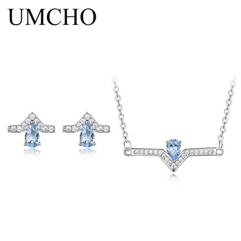 UMCHO Real 925 Sterling Silver Šperky Kapka Vody, Sky Blue Topaz Stud Náušnice Náhrdelník Svatební Dárek Pro Ženy Jemné Šperky Sady