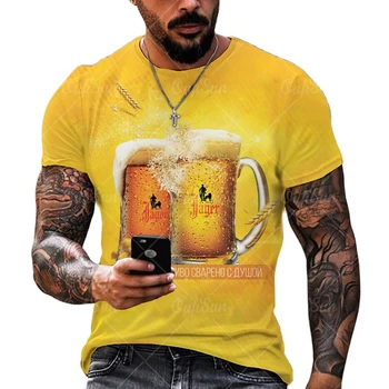 Pánské pivo 3D tisk T tričko, prodyšný polyester, kolem krku volné krátké rukávy T-shirt, 6XL velké šaty oversize top