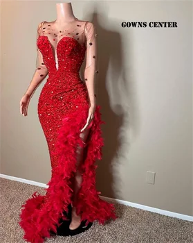 Červené Peří Crystal Ples Šaty Dlouhý Rukáv Večerní Šaty Africké Mermiad Formální Šaty Svatební Party Šaty vestidos de gala