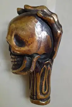 Staré Čínské Bronzové Ručně Vyřezávané Lebky Socha Hůl Vycházková Hůl Hlavy 2