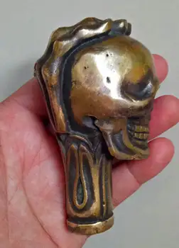 Staré Čínské Bronzové Ručně Vyřezávané Lebky Socha Hůl Vycházková Hůl Hlavy 4
